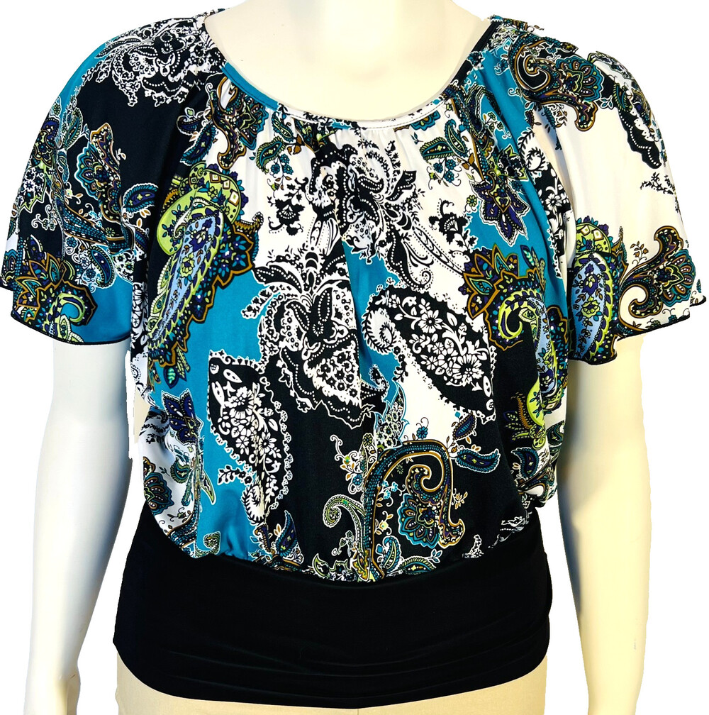 Cocomo Blouse Women's PM Teal, Black, White Paisley Print Short Sleeve Dolman